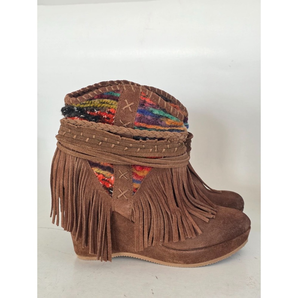 Naughty Monkey Fringe Ankle Boots Women's Sz 9 Suede Platform Wedge Western Boho